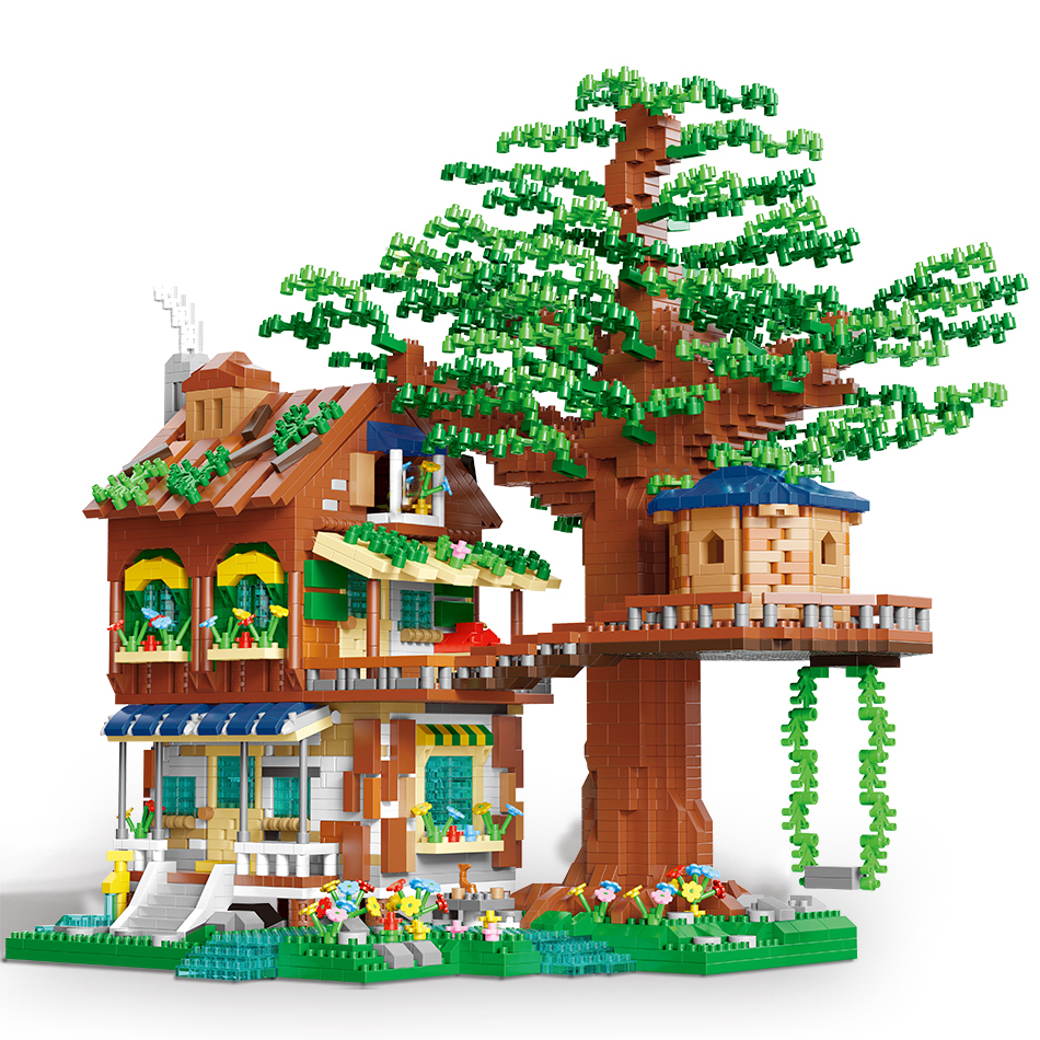 Treehouse Elves Green Tree House Mini Building Blocks Moc Micro Bricks Toys for Children Friends Boy Diy City Street View Model